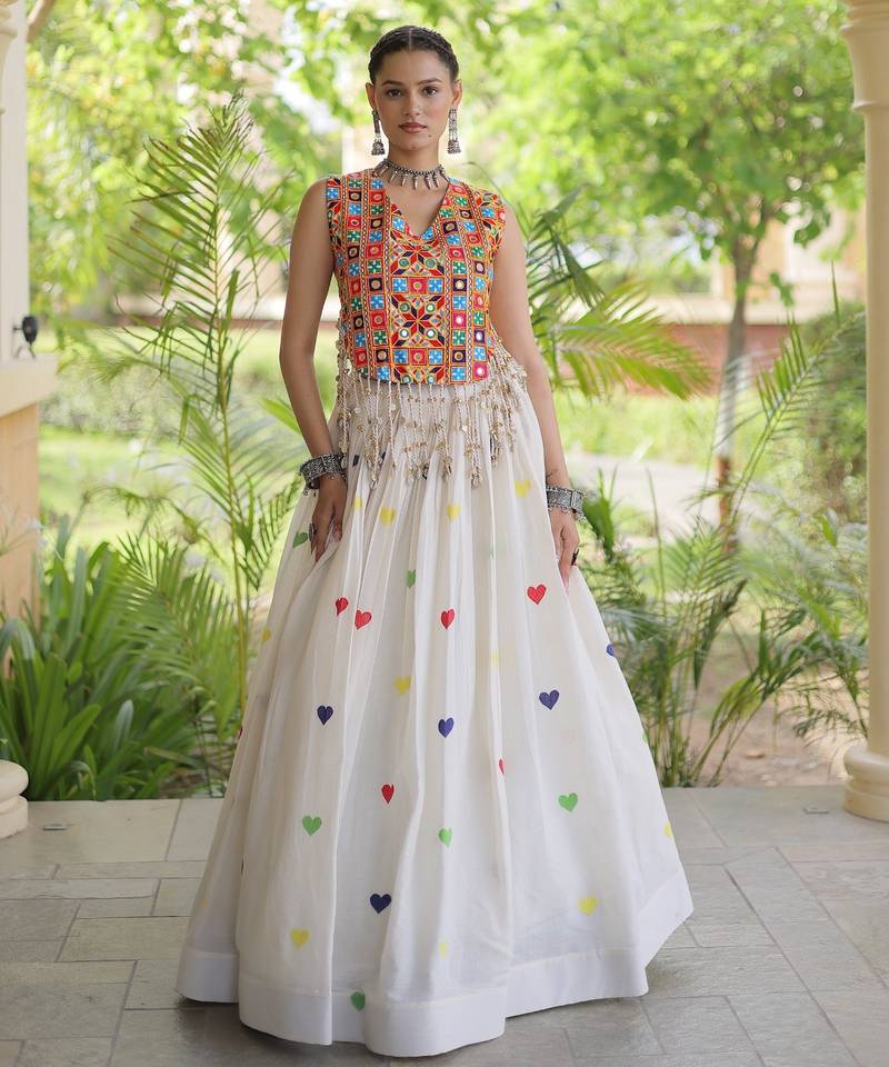 White Cotton Navratri Readymade Lehenga Choli with Thread Embroidery Work
