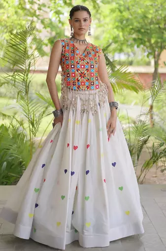 White Cotton Navratri Readymade Lehenga Choli with Thread Embroidery Work