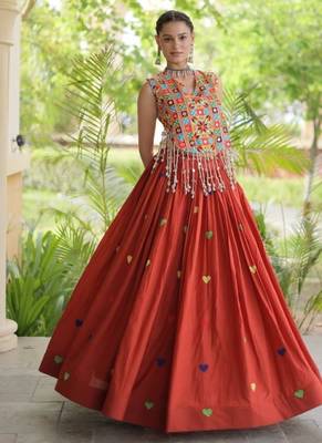 Orange Cotton Navratri Readymade Lehenga Choli with Thread Embroidery Work 1