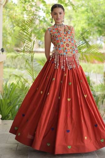 Orange Cotton Navratri Readymade Lehenga Choli with Thread Embroidery Work