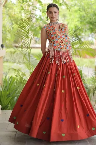 Orange Cotton Navratri Readymade Lehenga Choli with Thread Embroidery Work
