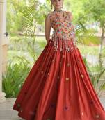 Orange Cotton Navratri Readymade Lehenga Choli with Thread Embroidery Work