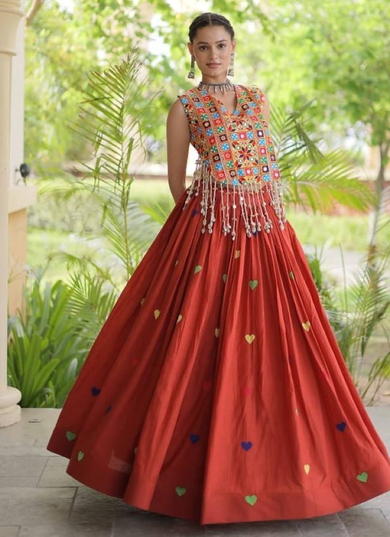 Orange Cotton Navratri Readymade Lehenga Choli with Thread Embroidery Work