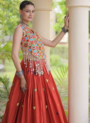 Orange Cotton Navratri Readymade Lehenga Choli with Thread Embroidery Work 2