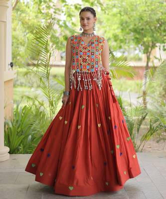 Orange Cotton Navratri Readymade Lehenga Choli with Thread Embroidery Work 3