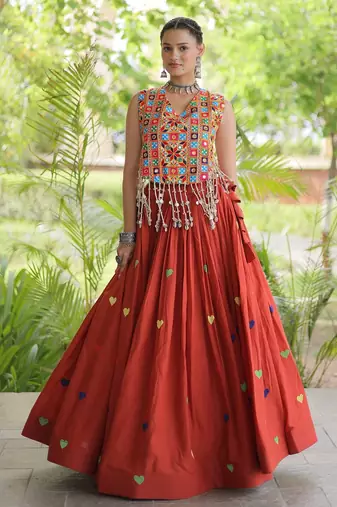 Orange Cotton Navratri Readymade Lehenga Choli with Thread Embroidery Work