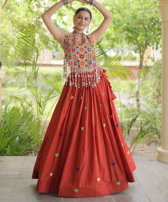 Orange Cotton Navratri Readymade Lehenga Choli with Thread Embroidery Work 4