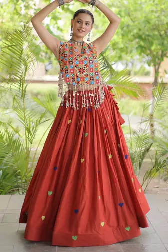 Orange Cotton Navratri Readymade Lehenga Choli with Thread Embroidery Work