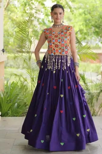 Purple Cotton Navratri Readymade Lehenga Choli with Thread Embroidery Work