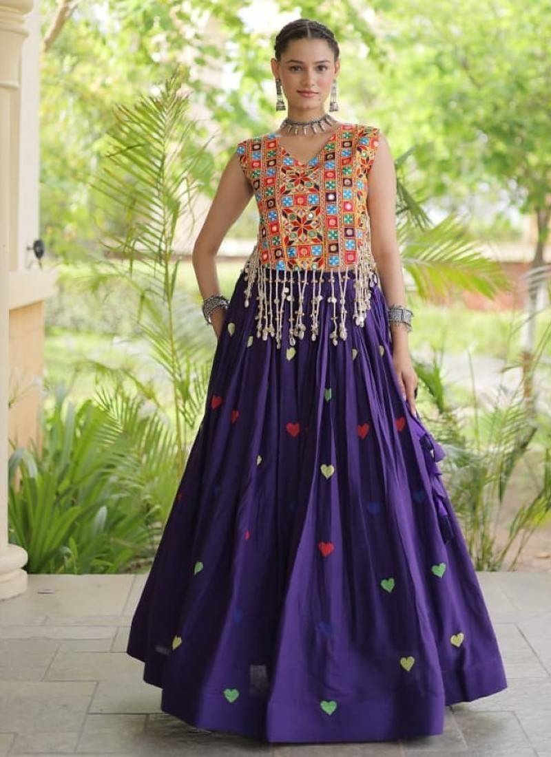 Purple Cotton Navratri Readymade Lehenga Choli with Thread Embroidery Work