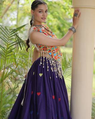 Purple Cotton Navratri Readymade Lehenga Choli with Thread Embroidery Work 2