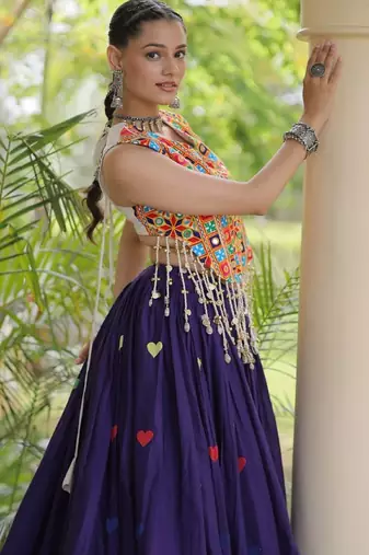 Purple Cotton Navratri Readymade Lehenga Choli with Thread Embroidery Work