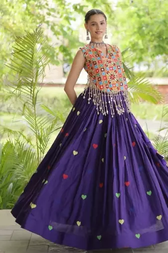Purple Cotton Navratri Readymade Lehenga Choli with Thread Embroidery Work