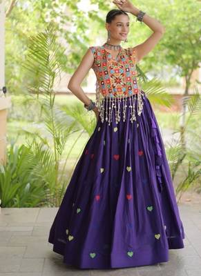 Purple Cotton Navratri Readymade Lehenga Choli with Thread Embroidery Work 4