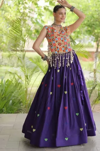 Purple Cotton Navratri Readymade Lehenga Choli with Thread Embroidery Work