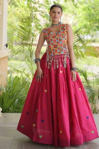 Rani Cotton Navratri Readymade Lehenga Choli with Thread Embroidery Work