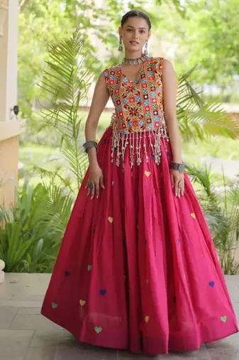 Rani Cotton Navratri Readymade Lehenga Choli with Thread Embroidery Work