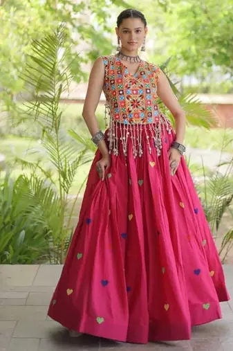 Rani Cotton Navratri Readymade Lehenga Choli with Thread Embroidery Work