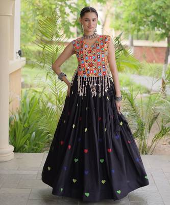 Black Cotton Navratri Readymade Lehenga Choli with Thread Embroidery Work 1
