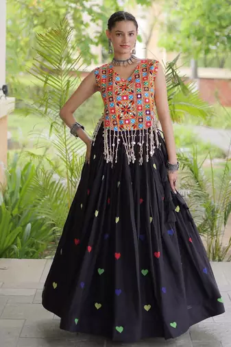 Black Cotton Navratri Readymade Lehenga Choli with Thread Embroidery Work