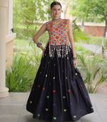Black Cotton Navratri Readymade Lehenga Choli with Thread Embroidery Work