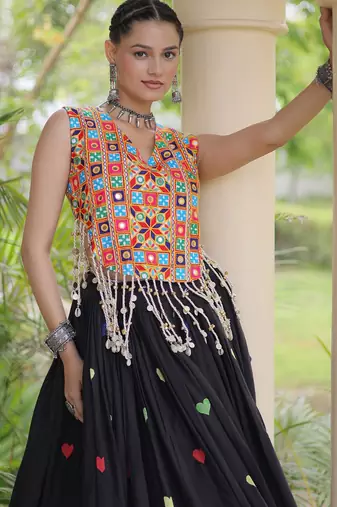 Black Cotton Navratri Readymade Lehenga Choli with Thread Embroidery Work
