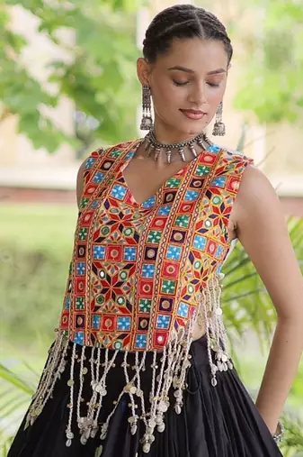 Black Cotton Navratri Readymade Lehenga Choli with Thread Embroidery Work