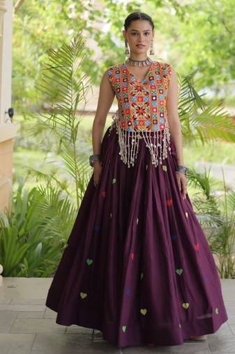 Wine Cotton Navratri Readymade Lehenga Choli with Thread Embroidery Work
