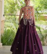 Wine Cotton Navratri Readymade Lehenga Choli with Thread Embroidery Work