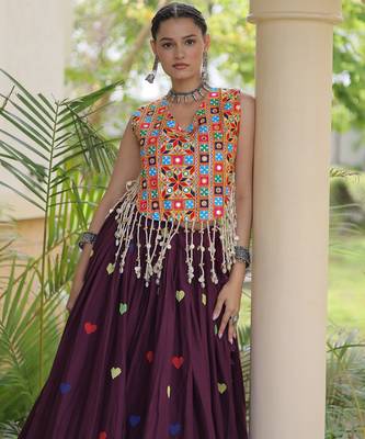 Wine Cotton Navratri Readymade Lehenga Choli with Thread Embroidery Work 2