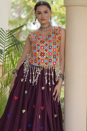 Wine Cotton Navratri Readymade Lehenga Choli with Thread Embroidery Work