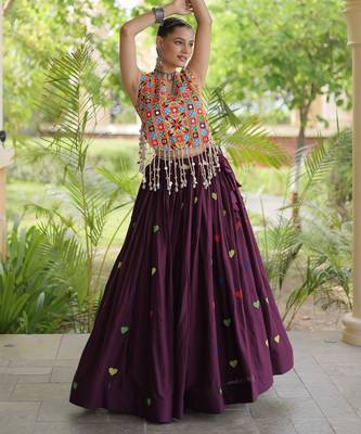 Wine Cotton Navratri Readymade Lehenga Choli with Thread Embroidery Work 3