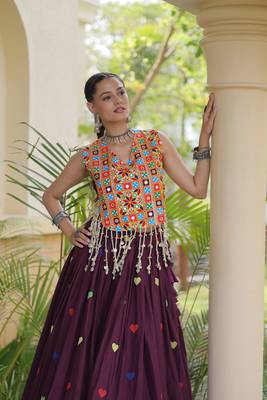 Wine Cotton Navratri Readymade Lehenga Choli with Thread Embroidery Work 4