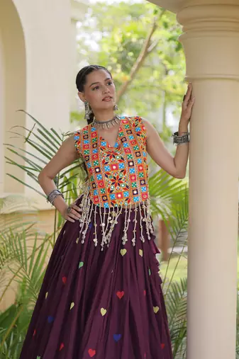 Wine Cotton Navratri Readymade Lehenga Choli with Thread Embroidery Work