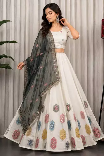 White Silk Blend Navratri Readymade Lehenga Choli with Thread Embroidery Work