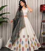 White Silk Blend Navratri Readymade Lehenga Choli with Thread Embroidery Work