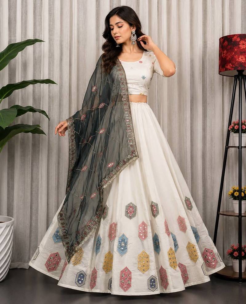 White Silk Blend Navratri Readymade Lehenga Choli with Thread Embroidery Work