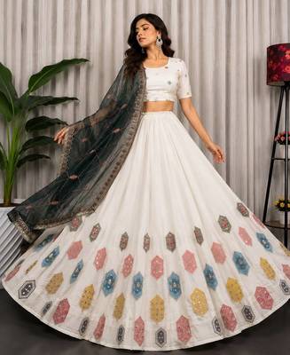 White Silk Blend Navratri Readymade Lehenga Choli with Thread Embroidery Work 3