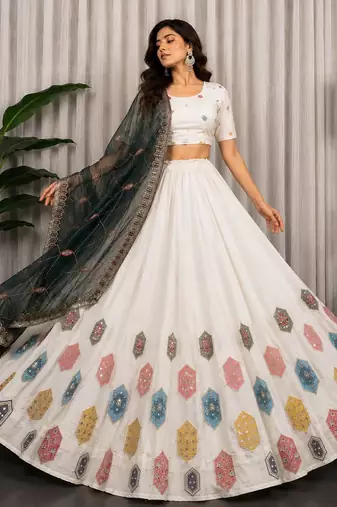White Silk Blend Navratri Readymade Lehenga Choli with Thread Embroidery Work