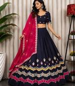 Navy Silk Blend Navratri Readymade Lehenga Choli with Thread Embroidery Work