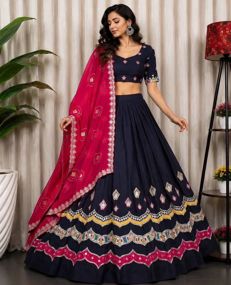 Navy Silk Blend Navratri Readymade Lehenga Choli with Thread Embroidery Work