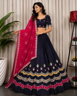Navy Silk Blend Navratri Readymade Lehenga Choli with Thread Embroidery Work 3