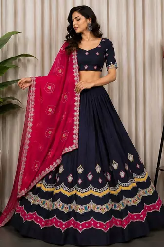 Navy Silk Blend Navratri Readymade Lehenga Choli with Thread Embroidery Work