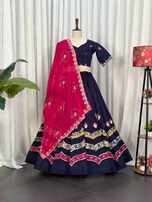 Navy Silk Blend Navratri Readymade Lehenga Choli with Thread Embroidery Work 4