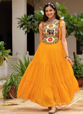 Yellow Color Bandhani Print work with kutchi patchework Faux Georgette Gown 1