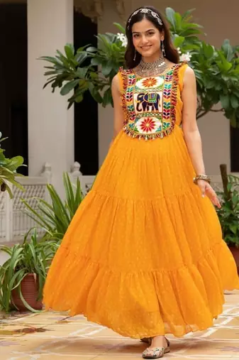 Yellow Color Bandhani Print work with kutchi patchework Faux Georgette Gown