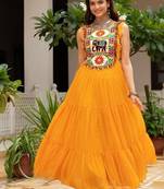 Yellow Color Bandhani Print work with kutchi patchework Faux Georgette Gown
