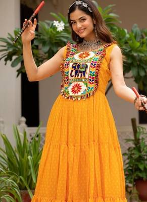 Yellow Color Bandhani Print work with kutchi patchework Faux Georgette Gown 2