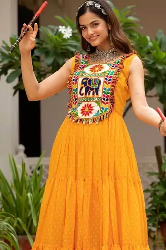 Yellow Color Bandhani Print work with kutchi patchework Faux Georgette Gown