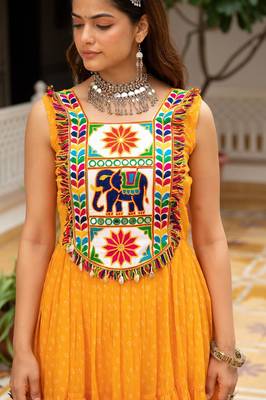 Yellow Color Bandhani Print work with kutchi patchework Faux Georgette Gown 3